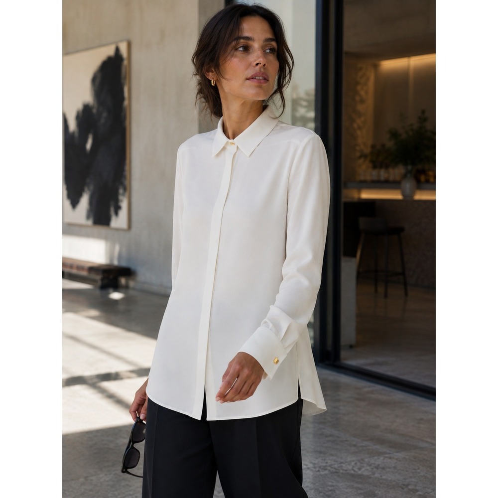 MM.LaFleur Lagarde Crepe Blouse Triacetate Relaxed Gold Cufflink Ivory Cream 14
